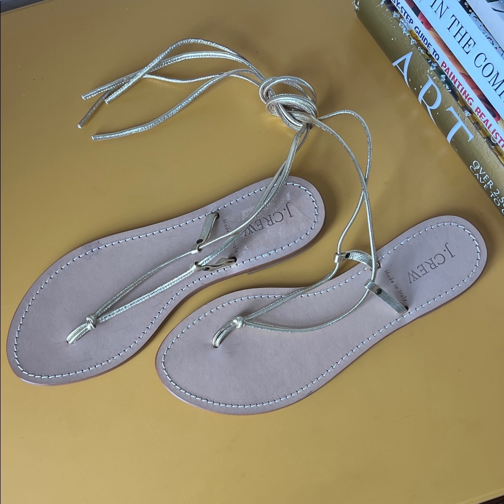 J. Crew Metallic Gold Leather Lace-Up Sandals Made in Italy Size 8 - Picture 2 of 9